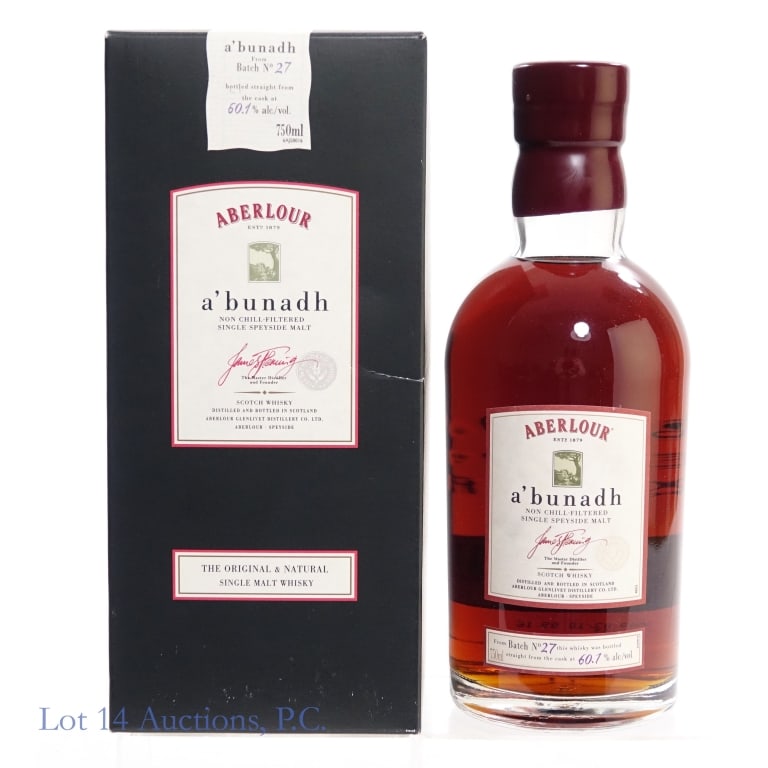 Aberlour A'bunadh Single Malt Scotch (Batch 27): Aberlour A'bunadh Single Malt Scotch, 120.2 Proof, 750 ml, Batch #27. Original box included, small crease on edge of box but in fair condition overall. Please see photos for additional details.