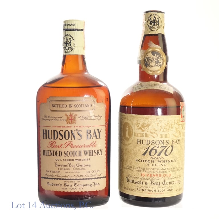 1940s/1950s Hudson's Bay Blended Scotch (2)****: 2 bottles total in this lot. 1-Hudson's Bay 15 Year 1670 Blended Scotch, 86.8 Proof, 4/5 Quart, estimated to have been bottled in the late 1940s-1950s*****Tax strip completely torn through and cork is