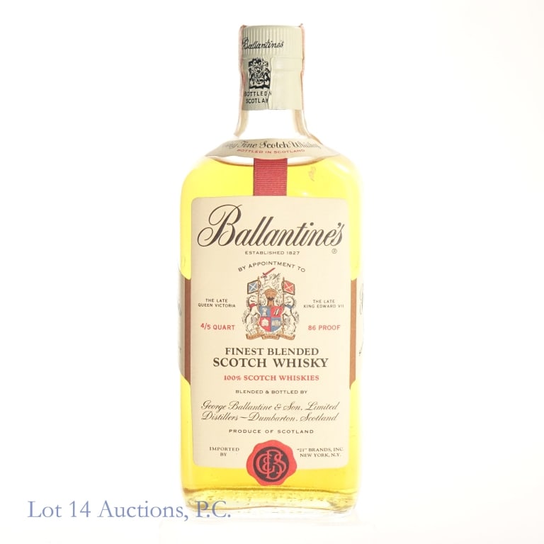 1960s/1970s Ballantines Blended Scotch: Ballantine's Blended Scotch, 86 Proof, 4/5 Quart, early 1960s-late 1970s bottling, fill at shoulder level. Tax strip in good condition with only minor tears and creases.
