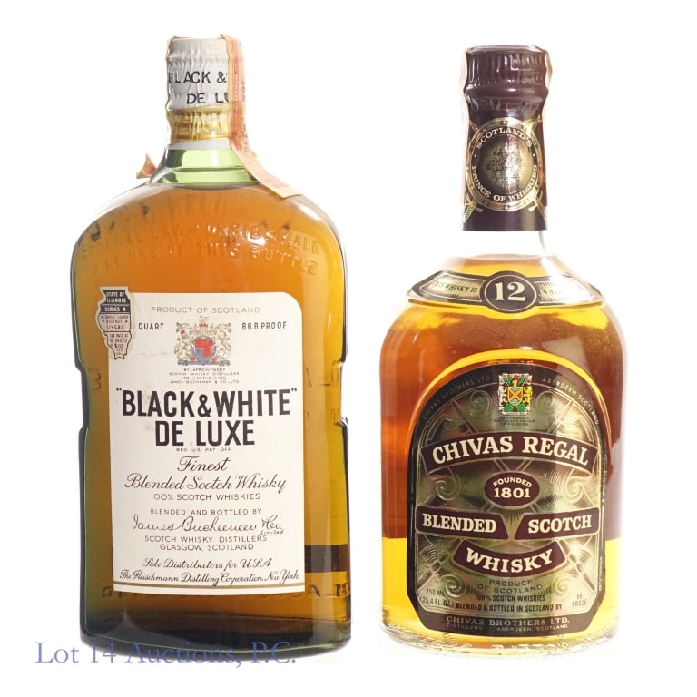 Hankey Bannister & Muirhead's Blended Scotch (2): 2 bottles total in this lot. 1-Hankey Bannister Blended Scotch, 86 Proof, 1 Quart, early 1960s-late 1970s bottling. Tax strip very loose and worn but intact overall. 2-Muirhead's Blended Scotch, 86 Pr