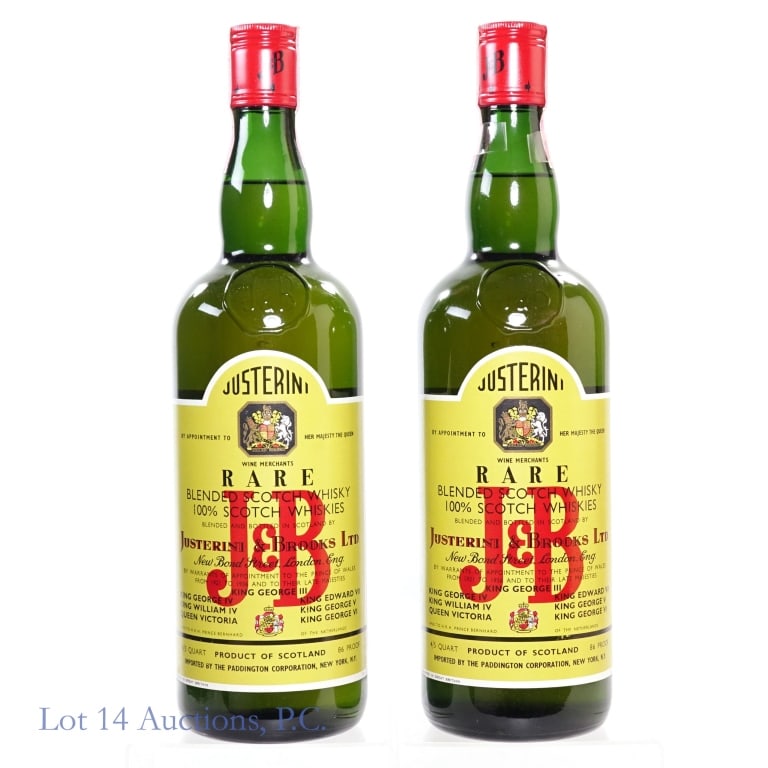 60s/70s J&B Rare Blended Scotch (2, 4/5 Qt): 2 bottles total in this lot. J&B Rare Blended Scotch, 86 Proof, 4/5 Quart, early 1960s - late 1970s bottling (x2). Tax strips on both bottles in good condition with little tearing. Boxes NOT included 