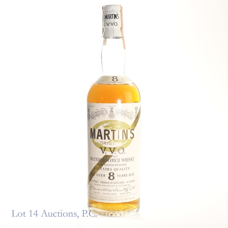 1960s/1970s Martin's 8 Year VVO Blended Scotch: Martin's 8 Year VVO Blended Scotch, 86.8 Proof, 4/5 Quart, early 1960s-late 1970s bottling. Tax strip in good condition with only minor tears.