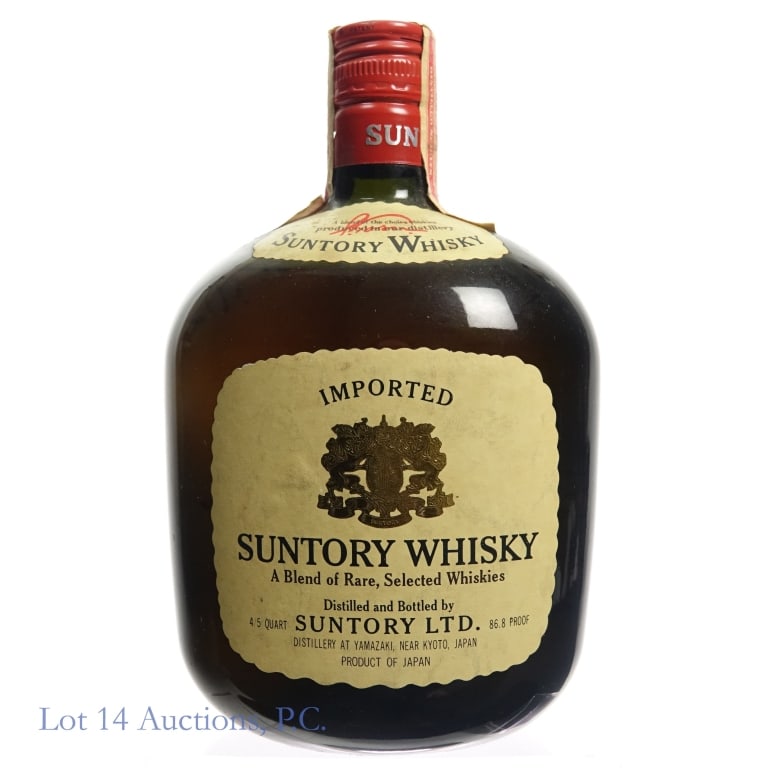 1970s Suntory Blended Japanese Whisky: Suntory Blended Japanese Whisky, 86.8 Proof, 4/5 Quart, early 1960s-late 1970s tax strip, "72" glass molding. Tax strip torn in multiple places but intact overall. Please see photos for additional det