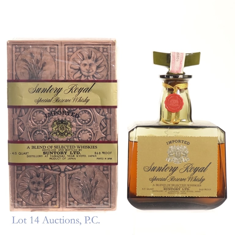 Suntory Royal SR Japanese Whisky**OPEN: Suntory Royal Special Reserve Blended Japanese Whisky, 86.8 Proof, 4/5 Quart***Tax strip torn completely through, decanter lid is detached and bottle is unsealed, low fill approximately 0.75" below sh