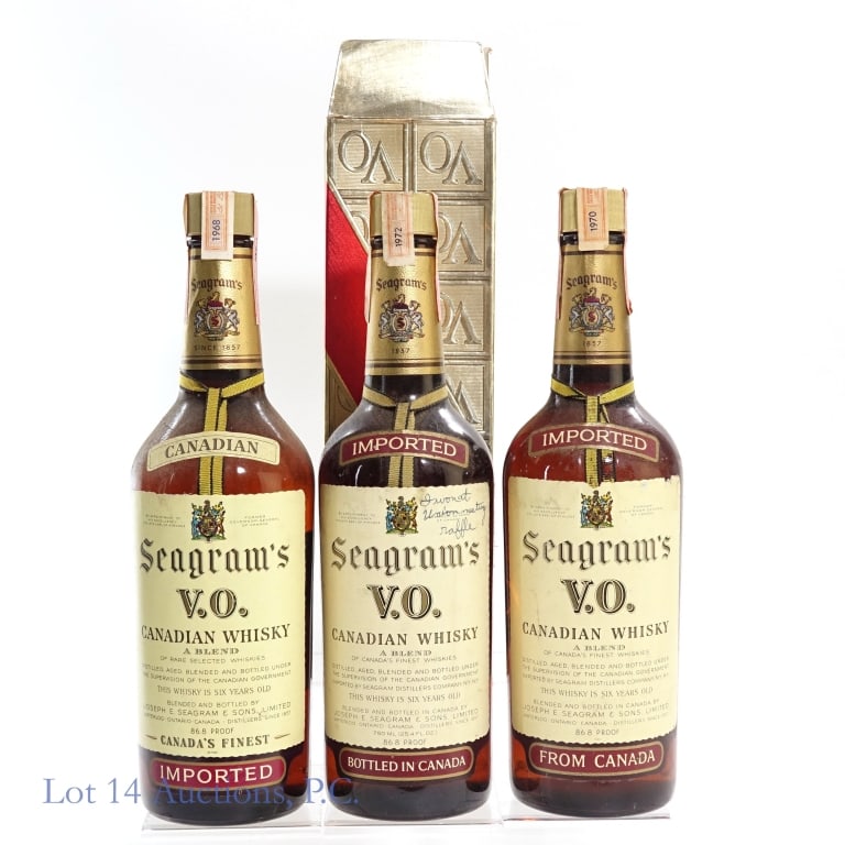 68, 70 & 72 Seagram's 6 Yr VO Canadian Whisky (3): 3 bottles total in this lot. 1-Seagram's 6 Year VO Blended Canadian Whisky, 86.8 Proof, 4/5 Quart, Distilled: 1968. Tax strip in fair condition with little to no tears but is stained with residue alon