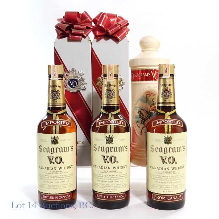 70, 72, & 74 Seagram's 6 Yr VO Canadian Whisky (3): 3 bottles total in this lot. 1-Seagram's 6 Year VO Blended Canadian Whisky, 86.8 Proof, 4/5 Quart, Distilled: 1970, Tax strip in fair condition with minor creases and little to no tearing. Cylinder tu