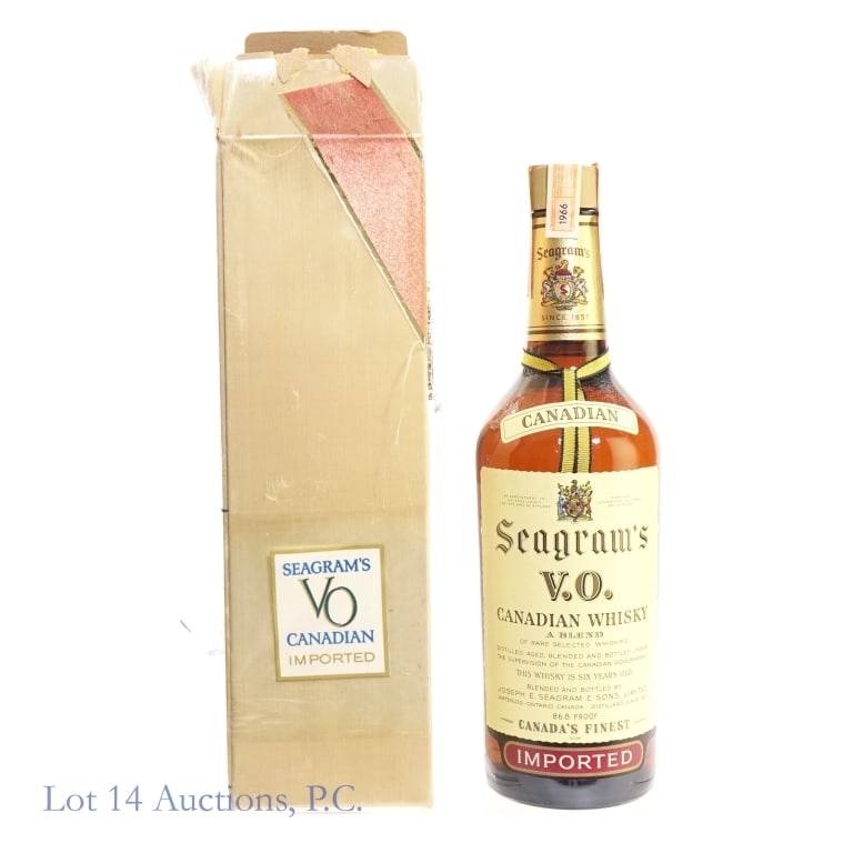 1966 Seagram's 6 Year VO Canadian Whisky: 1966 Seagram's 6 Year VO Canadian Whisky, 86.8 Proof, 4/5 Quart, Distilled: 1966, Tax strip in fair condition with one tear on side. Original box included.