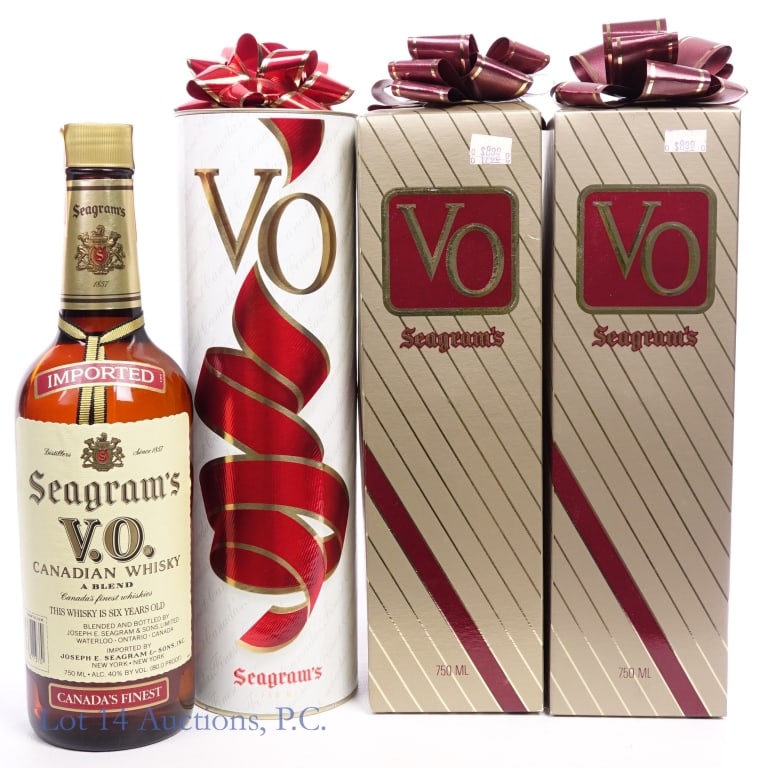 1981 & 1987 Seagram's 6 Yr VO Canadian Whisky (3): 3 bottles total in this lot. 1-Seagram's 6 Year VO Blended Canadian Whisky, 80 Proof, 750 ml, Distilled: 1981 (x2). Front label on 1 bottle severely worn and stained and tax strip is slightly worn but