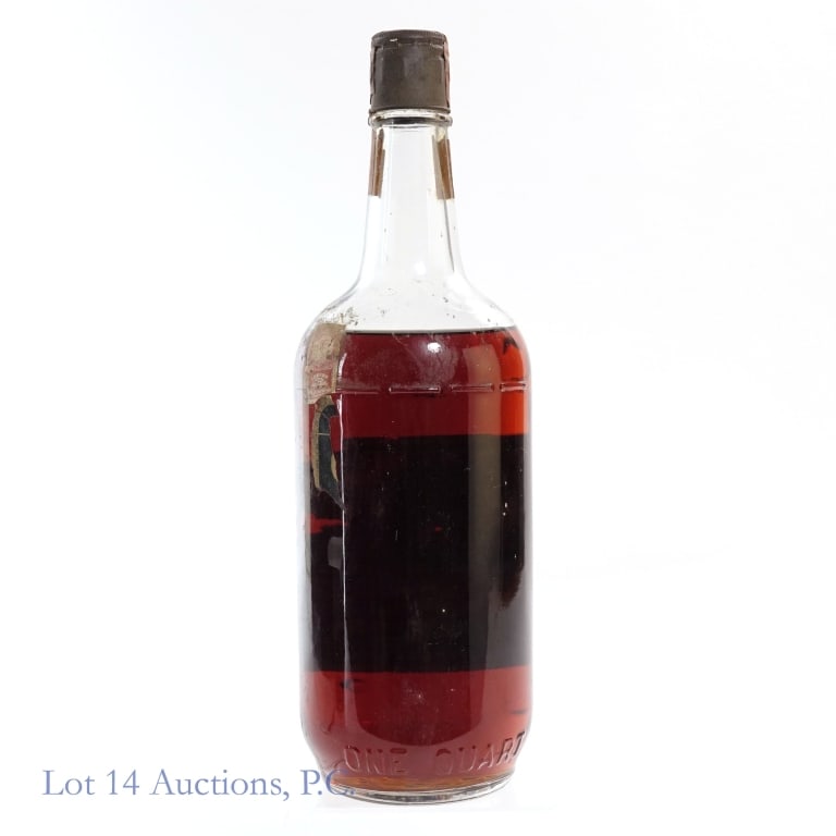 1940s Century Club 5 Year Bourbon***UNSEALED: Century Club 5 Year Bourbon, 90 Proof, 1 Quart, "42" glass molding. Fill at high shoulder. Tax strip disintegrated completely and bottle is technically unsealed, however, bottle does not appear to hav