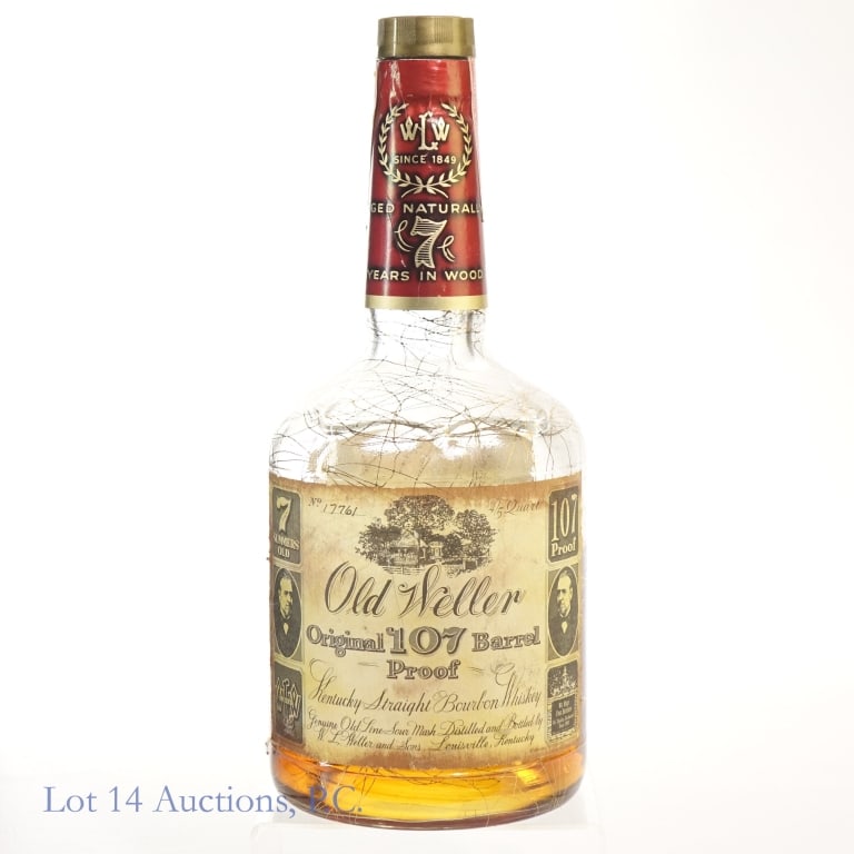 Old Weller 7 Year Original 107 Bourbon***OPEN: Old Weller 7 Year Original 107 Barrel Proof Bourbon, 107 Bourbon, 4/5 Quart, "77" glass molding, Bottle #17761, Gold Vein Squat Bottle****Tax strip torn through and capsule is OPEN. Low fill, approxim