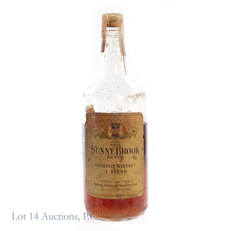 1940s Old Sunny Brook Bourbon***LOW FILL/UNSEALED: Old Sunny Brook Bourbon, 93 Proof, 4/5 Quart, estimated to have been bottled in the 1940s***Very low fill approximately 2" below shoulder, both tax strip and cork broken and bottle is UNSEALED, bottle