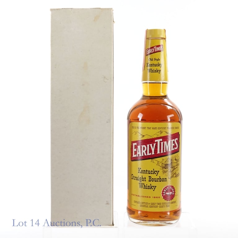 60s/70s Early Times 4 Year Bourbon: Early Times 4 Year Bourbon, 86 Proof, 4/5 Quart, early 1960s-late 1970s tax strip, glass molding faded and cannot be determined. Small tear in tax strip but overall intact and in fair condition. Tear 