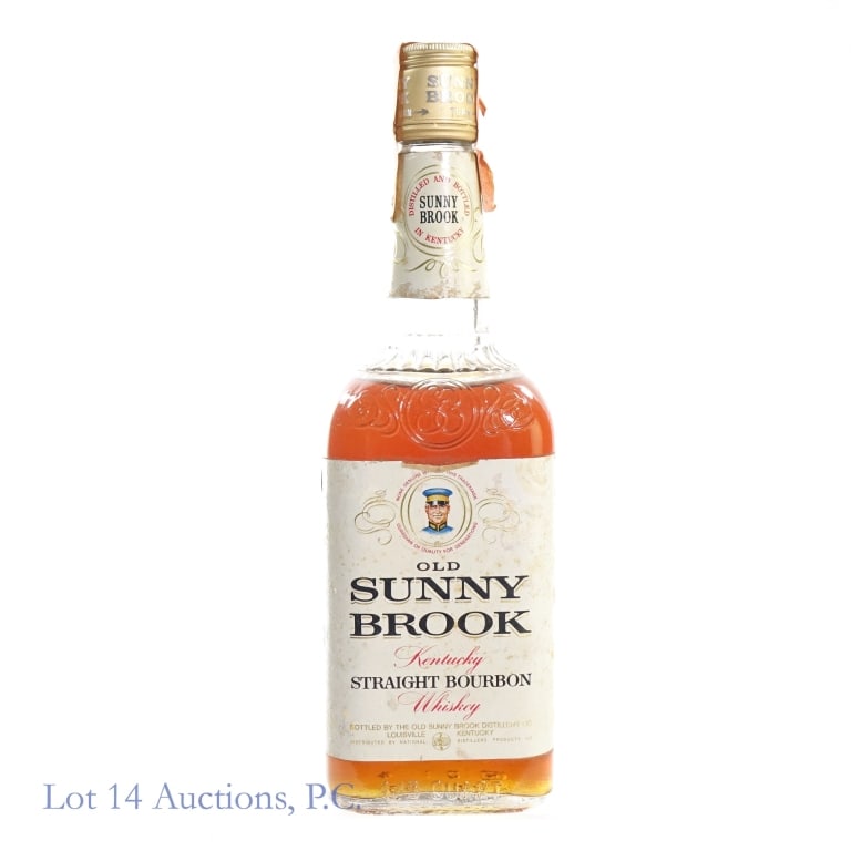 1960s Old Sunny Brook Bourbon: Old Sunny Brook Bourbon, 86 Proof, 4/5 Quart, early 1960s-late 1970s tax strip, "63" glass molding. Tax strip badly worn but intact overall. Front label stained and badly peeling around sides. Upper f