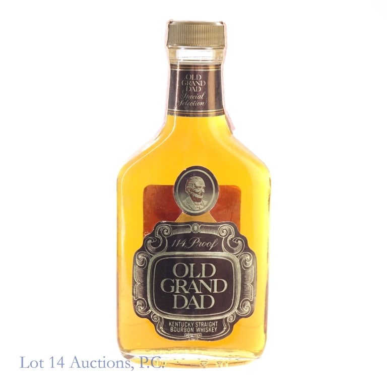 1980s Old Grand-Dad 114 Proof Bourbon (200 ml): Old Grand-Dad 114 Proof Bourbon, 114 Proof, 200 ml, early to mid 1980s tax strip, "81" glass molding. Small tears and staining to tax strip but in fair condition overall.