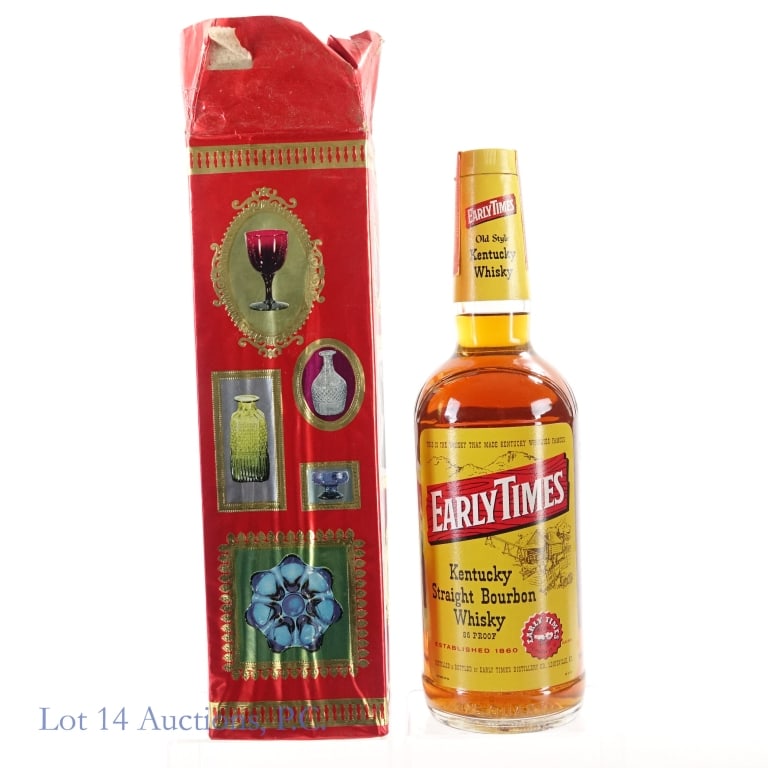 "72" Early Times 4 Year Bourbon***UNSEALED: Early Times 4 Year Bourbon, 86 Proof, 4/5 Quart, early 1960s-1970s tax strip, "72" glass molding****Tax strip torn through at both ends and bottle is UNSEALED. Please see photos for additional details