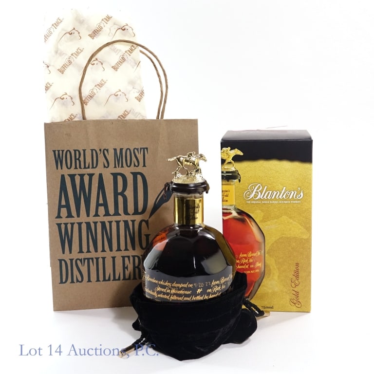 Blanton's Gold Edition Bourbon "N", 750 ml: Blanton's Gold Edition Bourbon, 103 Proof, 750 ml, Letter N, Dump Date: 09-20-22, Barrel #622, Bottle #24. Box and bag included. Buffalo Trace gift bag also included.