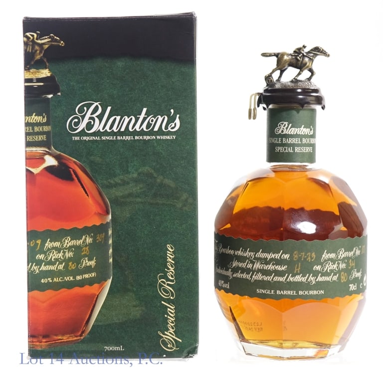 Blanton's Green Label Single Barrel Bourbon "T"*: Blanton's Green Label Single Barrel Bourbon, 80 Proof, 700 ml, Letter T, Dump Date: 08-07-23, Barrel #107, Bottle #260**Vertical crack in wax seal near wax seal, wax remains intact overall and bottle 