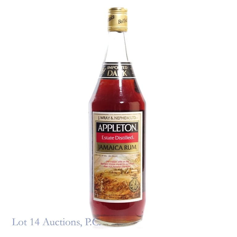 90s Appleton Estate Dark Jamaican Rum (1 Liter): Appleton Estate Dark Jamaican Rum, 80 Proof, Liter, estimated to have been bottled in the 1990s. Small dent on capsule, and small tear on upper back label.