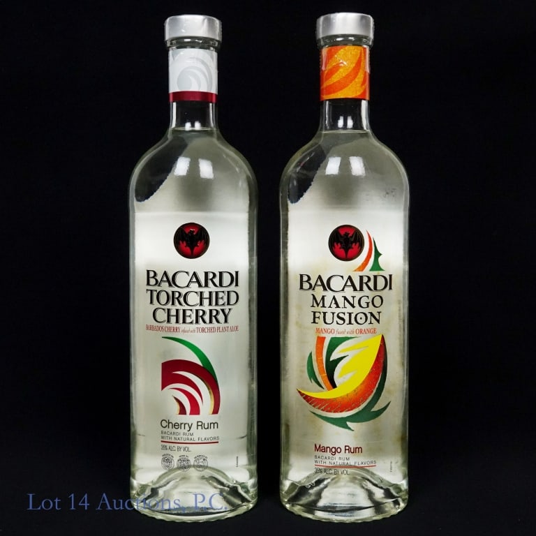 Bacardi Torched Cherry & Mango Fusion Rum (2): 2 bottles total in this lot. 1-Bacardi Torched Cherry Rum, 70 Proof, 750 ml. 2-Bacardi Mango Fusion Rum, 70 Proof, 750 ml.
