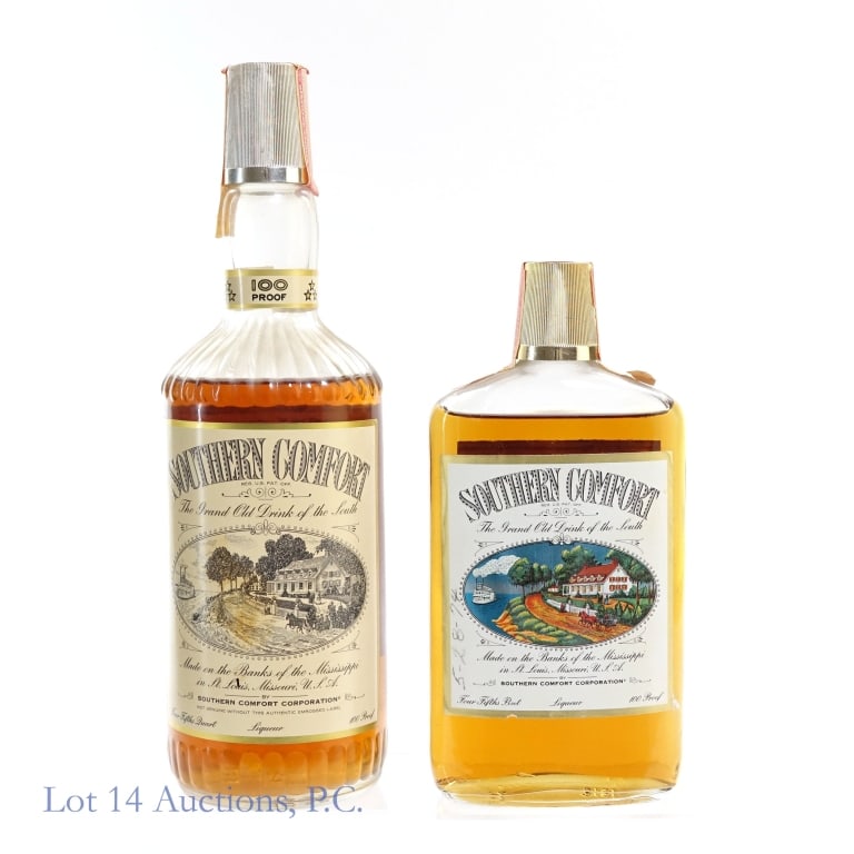 1960s/1970s Southern Comfort Liqueur (2): 2 bottles total in this lot. 1-Southern Comfort Liqueur, 100 Proof, 4/5 Quart, early 1960s-late 1970s tax strip. Fill approximately 1/2" below high shoulder, tax strip in fair condition with little to