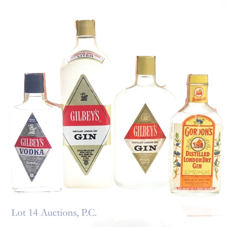 Gordon's & Gilbey's Dry Gin & Gilbey's Vodka (4): 4 bottles total in this lot. 1-Gordon's Distilled London Dry Gin, 90 Proof, 1/2 Pint, early 1960s-late 1970s bottling. Tax strip sligtly worn and stained but residue but in fair condition overall. 2-G