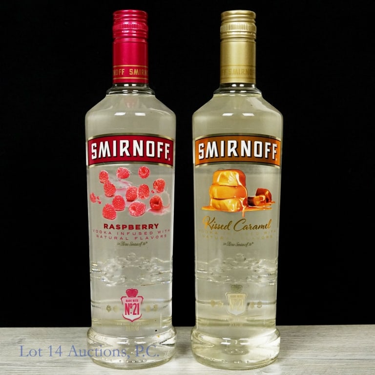 Smirnoff Kissed Caramel & Rasberry Vodka (2): 2 bottles total in this lot. 1-Smirnoff Kissed Caramel Infused Vodka, 60 Proof, 750 ml. 2-Smirnoff Raspberry Infused Vodka, 70 Proof, 750 ml.