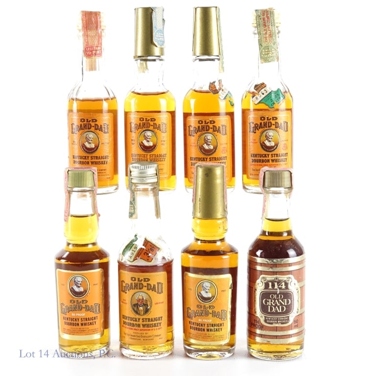 Old Grand-Dad Bourbon Minis (8): 8 mini bottles total in this lot. 1-1955 Old Grand-Dad Bourbon Mini, 100 Proof, 1/10 Pint, Bottled: Spring 1955, Made: Fall 1950**Low fill 0.5" below shoulder, tax strip torn in multiple places but in