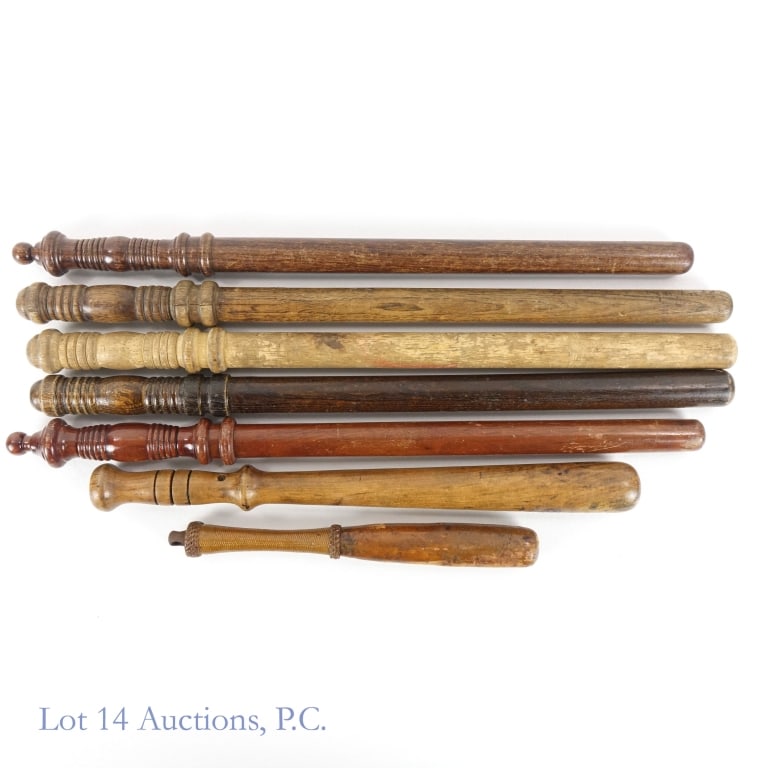Batons and Truncheons (7): Batons and Truncheons (7). A collection of wooden batons, truncheons and a fish billie built for peace keeping from days gone by. Items appear well used with fascinating discolorations in the wood. It