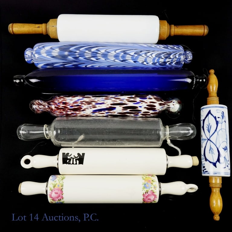 Glass, Ceramic Rolling Pins (8): Glass, Ceramic Rolling Pins (8). Eight (8) rolling pins that shouldn't be dropped on the floor. Imperial Milk Glass with wooden handles (crack on one handle) 19". Blue, white and clear Nailsea glass 1