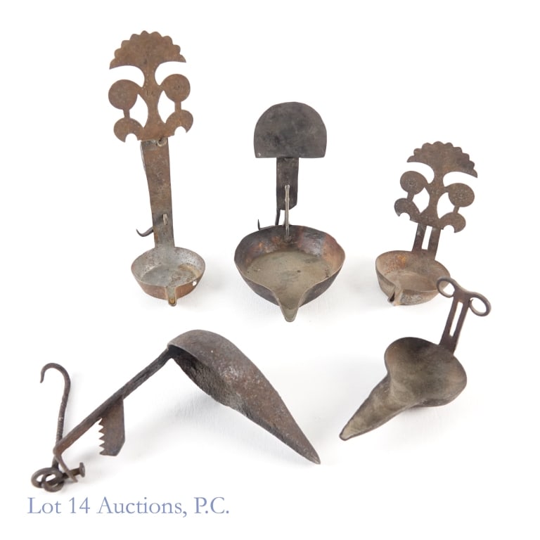 Betty, Double Betty Lamps 17/18 c. (3): Betty, Double Betty Lamps 17/18 c. (3). A trio of Betty Lamps that primarily used animal fat or fish oil, circa 17th / 18th century. Without hook, lamps range from 8.5" - 6.5" in height. "1C" in decor