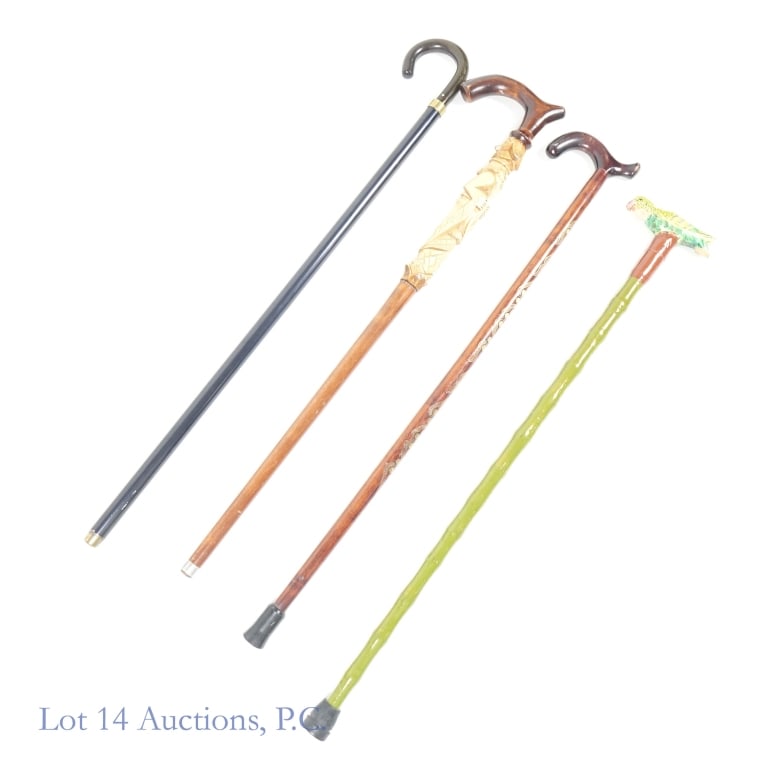 Blackthorn, Carved, Classic Canes, Walking Sticks (5): Blackthorn, Carved and Classic Canes, Walking Sticks (5). 36" blackthorn Irish walking stick. 35" wooden cane with 11" carving (possibly Chinese). 35" bamboo cane with intricate carved and painted bir