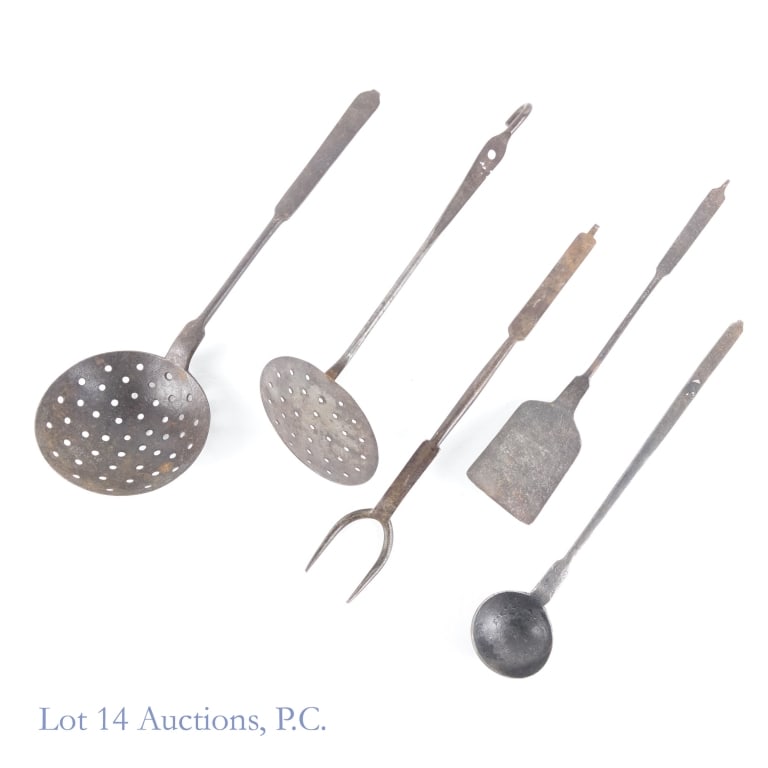 Hand Forged Iron Tools, Revolutionary War Era (5): Hand Forged Iron Tools, Revolutionary War Era (5). Five Revolutionary War era wrought iron cooking tools ranging from 16.5" to 15" in length. Wear consistent with age and use. See photos for details o