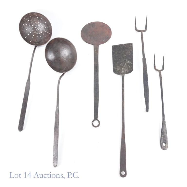 Hand Forged Iron Tools, H.F. Geist (6): Hand Forged Iron Tools, H.F. Geist (6). Five (5) hand forged, wrought iron cooking tools ranging from 15.5" - 21" in length. Also included one Iron Salamander or spatula with "H.F. Geist" signed on bo