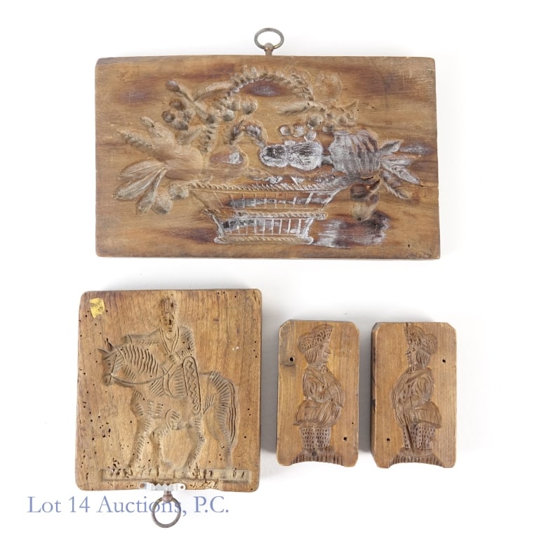 Wooden Cookie, Butter, Candy Molds (3): Wooden Cookie, Butter, Candy Molds (3). Hand carved wooden molds. Two piece butter mold of a portly king - 3" x 2.5" x 5". Double sided cookie or candy mold of man and a horse on one side and a bounti