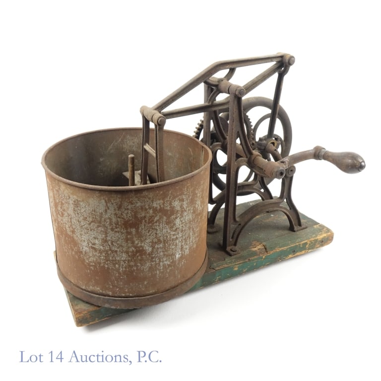 Cast Iron Hand-Crank Food Chopper, ca. 1865: Cast Iron Hand-Crank Food Chopper, circa 1865. Item in working order. Turn the crank to raise and lower blade while turning the compartment to give an even chop. Chopper bin - diameter - 10" depth -8"