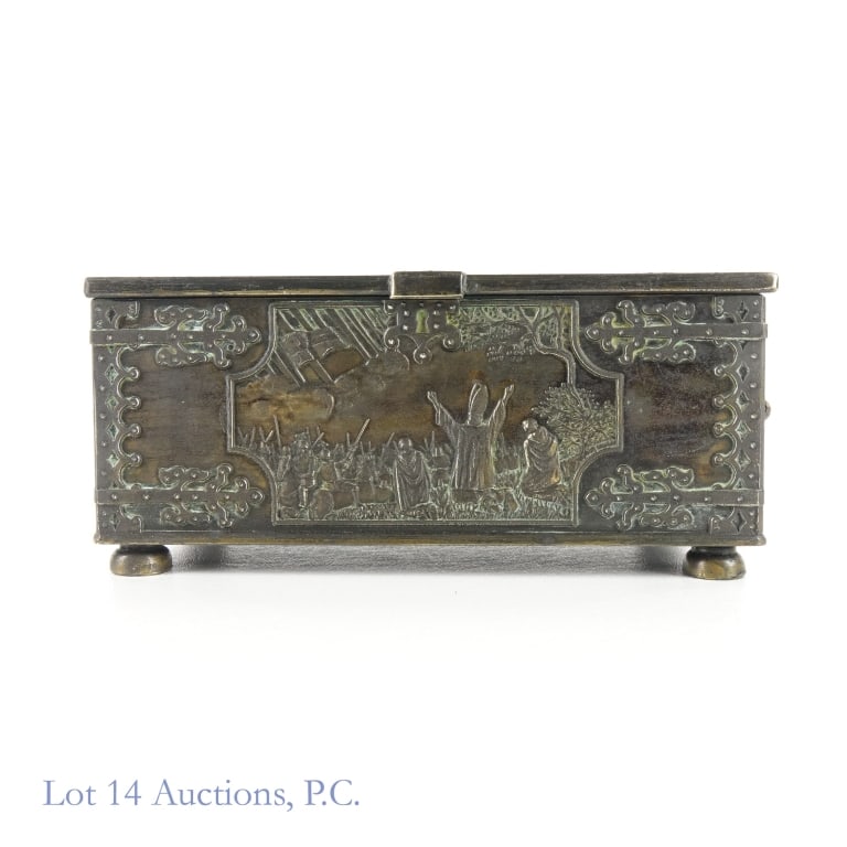 Denmark Bronze Casket: Bronze casket depicting the battle of Lyndanisse on the front and describing the battle on the inside of the lid. Back marked Copenhagen Denmark. 9" x 3.75" x 3.5". Light wear apparent. See photos for