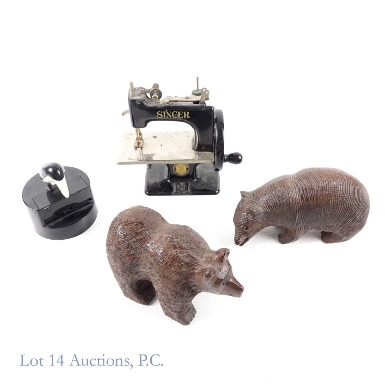 Sewhandy, Ironwood Bears, & Toothpick Dispenser: Singer Sewhandy. From the 1850s-1950s. Measures approximately 6"L x 3"W x 5.75"H. Has not been tested. ***** 2 hand-carved Ironwood bears. Seri Indian. Could be used as bookends or as decorative sculp
