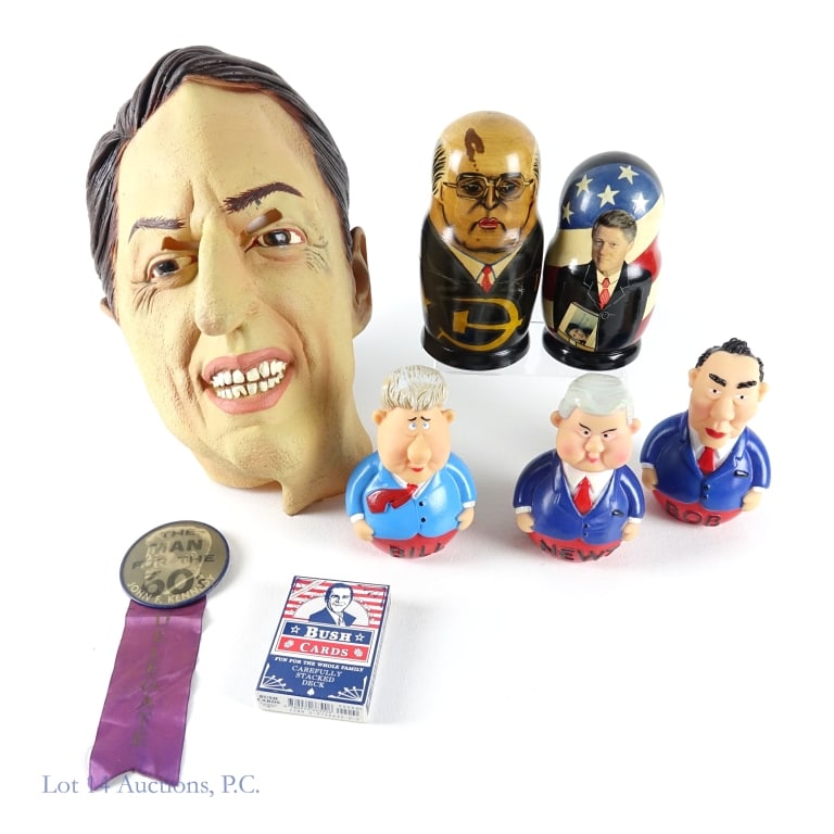 Political Nesting Dolls and More! (8): Political Nesting Dolls and More! (8). Lot of political and satirical items. Gorbachev nesting doll; Clinton - Lewinsky nesting doll; Vari-Vue JFK pin with delegate ribbon; Bob Dole, Newt Gingrich, Bi