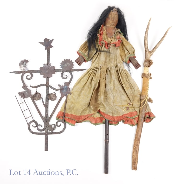 Folk Art and Traditional Pieces (3): Folk Art and Traditional Pieces (3). Collection of folk and possibly tribal pieces believed to be of Mexican and Southwest American origin utilizing metal, wood, fabric and bone. Items range from 41"-