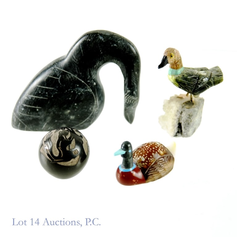Miniature Carvings, Fetish - Some Signed (4): 4 carved miniatures. Zuni duck fetish by Darrin Boone.1.5" long, 7/8" tall. *** Sphere with bas relief squirrel carving, signed on bottom by Stephen Ball. *** Stone carved swan - appears to be a Nativ
