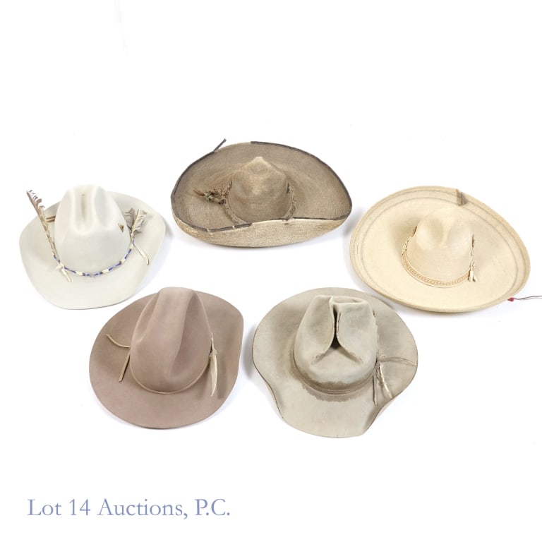 Western, Cowboy, Stetson Style Hats (5): Five pre-worn hats. La Virgen sombrero, Aguacalientes, AGS. Hecho en Mexico - 16" diameter. Woven sombrero 18" diameter. The Work Horse, Long Oval - size 7 1/4. Millers Bros. Cattleman - size 6 3/4 ("