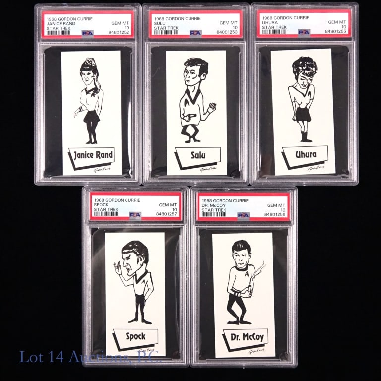 1968 Gordon Currie Star Trek Cards - PSA 10 (5): Five 1968 Gordon Currie Star Trek trading cards: Spock, Dr. McCoy, Uhura, Sulu, Janice Rand. All five cards are graded by PSA as Gem Mint 10.
