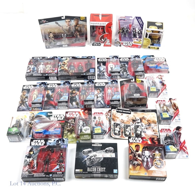Star Wars Figures, Pop Toy, Model Kit NIB (+25): Star Wars Figures, Pop Toy, Model Kit NIB (+25). A grouping of Star Wars toys from Rebels, Rogue One, Force Awakens, Force Link, Mandalorian, Disney Infinity and more. All items New In Box. Clone Troo