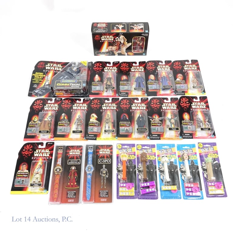 Star Wars Figures, Watches, Pez NIB (19): Star Wars Figures, Watches, Pez NIB (19). A collection of thirteen (13) Hasbro Star Wars Episode I figures and two (2) Hope Episode I watches all New In Box. Also included are (5) five 1997 Star Wars