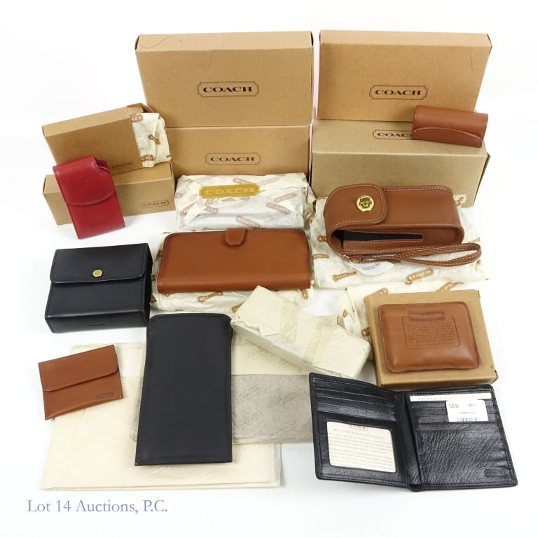 Coach Leather Accessories Collection (12): 12 pieces - all Coach leather accessories. Purse, billfold, lipstick case, pen case, cell phone case, eyeglass case, and more. Most include original Coach tissue paper and boxes. There is even a heavy
