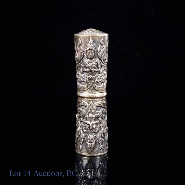 Siam Sterling Silver Lipstick Case: Siam Sterling Silver Lipstick Case with raised relief Siam Goddess. Approximately 3" long. Two pieces fit snugly. .78ozt. 24.1 grams.
