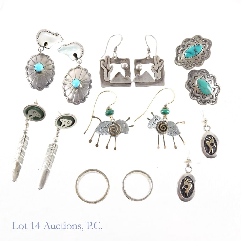 Designer Sterling Silver Jewelry: 2 RH Begay Storyteller rings (both marked "STG). Total weight of the pair: 11.5 grams. Sizes 5.75 and 8. *** M. M. Rogers earrings with yellow gold Kokopelli. Back is marked "M. M. Rogers 14k CN .925"
