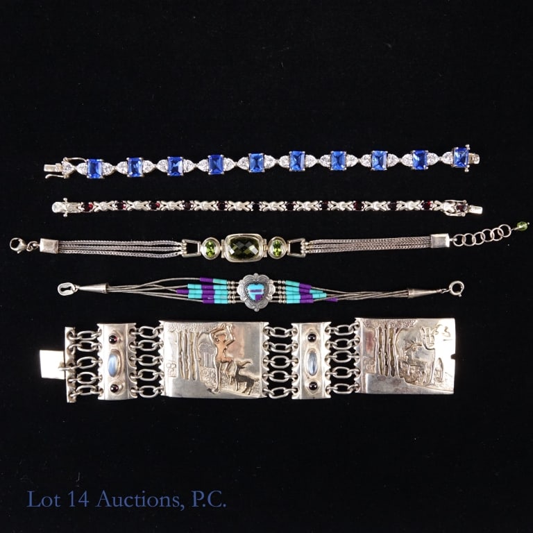 Sterling Silver Bracelets (5): 5 bracelets - all marked "925", "Sterling" or equivalent. Total weight: 155.7 grams.