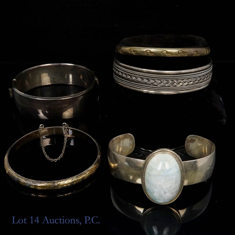 Sterling Silver Bracelets (5): 5 sterling silver bracelets. All marked "925", "sterling", or equivalent. Total weight: 160.8 grams. Some wear.