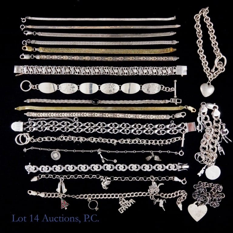 Sterling Silver Bracelets (19 + 1): 19 sterling silver bracelets - all marked "925", "sterling", or equivalent. These 19 bracelets have a total weight of 212.5 grams. ***** There is one additional bracelet that is unmarked, and weighs 1